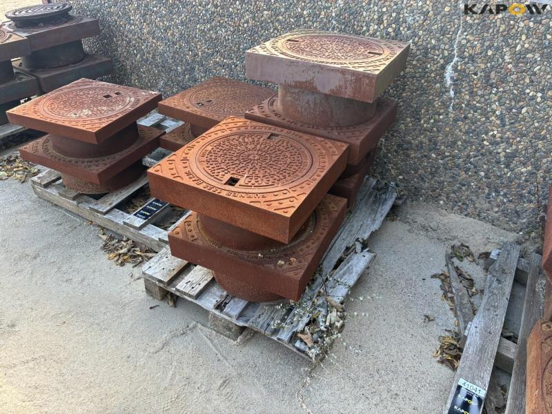 Square manhole frame with round cast iron covers 2